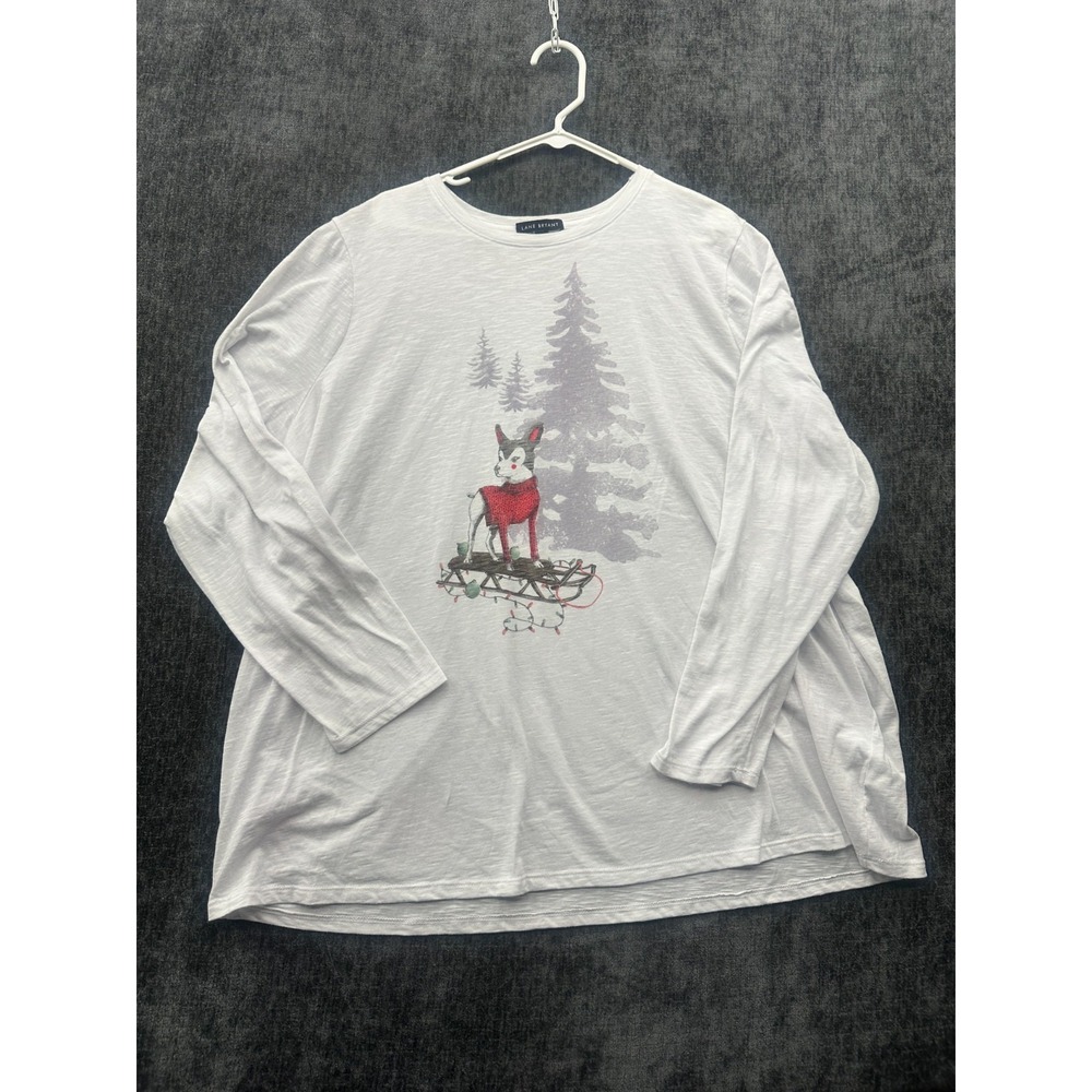 Lane Bryant Shirt Women 22/24 White Cotton Christmas Dog Sled Light Tree Graphic